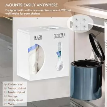 2 in 1 Grocery Bag Holder Trash Bag Dispenser, Wood Trash Bag Holder, Garbage Bag Holder Wall Mount, Grocery Bag Dispenser for Plastic Bags, Kitchen Cabinet Under Sink Organizers and Storage (White)
