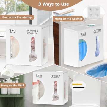 2 in 1 Grocery Bag Holder Trash Bag Dispenser, Wood Trash Bag Holder, Garbage Bag Holder Wall Mount, Grocery Bag Dispenser for Plastic Bags, Kitchen Cabinet Under Sink Organizers and Storage (White)