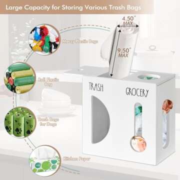 2 in 1 Grocery Bag Holder Trash Bag Dispenser, Wood Trash Bag Holder, Garbage Bag Holder Wall Mount, Grocery Bag Dispenser for Plastic Bags, Kitchen Cabinet Under Sink Organizers and Storage (White)