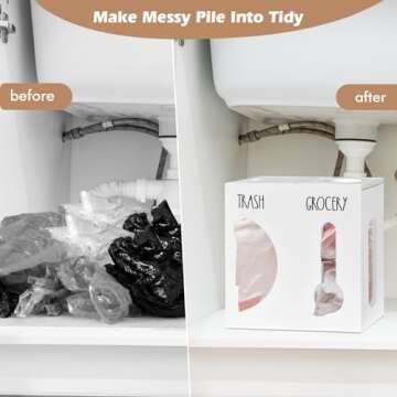 2 in 1 Grocery Bag Holder Trash Bag Dispenser, Wood Trash Bag Holder, Garbage Bag Holder Wall Mount, Grocery Bag Dispenser for Plastic Bags, Kitchen Cabinet Under Sink Organizers and Storage (White)