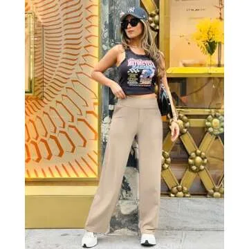 G4Free Women Lounge Wide Leg Pants Ribbed Lightweight Yoga Pants with Pockets Casual Comfy Pants(Light Khaki,XS,28")