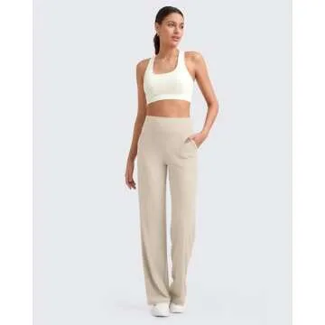G4Free Women Lounge Wide Leg Pants Ribbed Lightweight Yoga Pants with Pockets Casual Comfy Pants(Light Khaki,XS,28")
