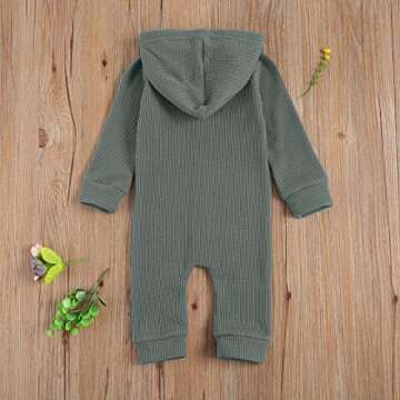 Ynibbim Winter Newborn Baby Boy Girl Solid Romper Unisex Infants Hooded Outfit Clothes Waffle Cotton Button Jumpsuits (Grey, 12-18 Months)