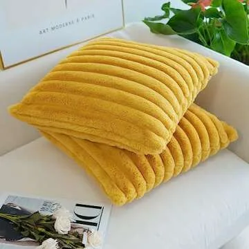 JOJUSIS Pack of 2 Faux Fur Plush Decorative Throw Pillow Covers Couch Cushion Case Soft Pillowcases (Mustard Yellow, 18 x 18-Inch)