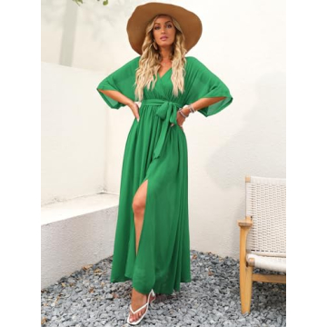 ANRABESS Women’s Summer Loose Boho Flowy Wrap V Neck 3/4 Sleeve Floral Print Slit Beach Wedding Guest Long Maxi Dresses 2024 Green Large