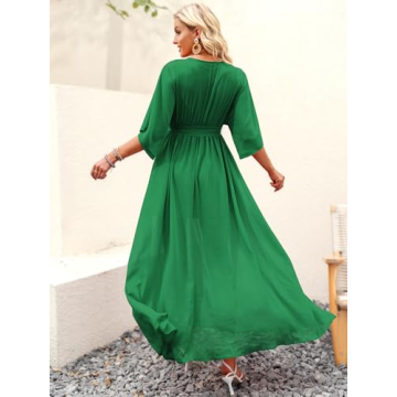 ANRABESS Women’s Summer Loose Boho Flowy Wrap V Neck 3/4 Sleeve Floral Print Slit Beach Wedding Guest Long Maxi Dresses 2024 Green Large