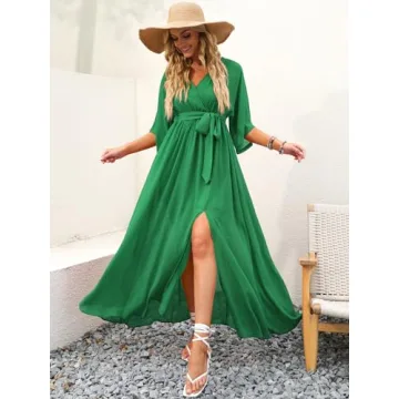 ANRABESS Women’s Summer Loose Boho Flowy Wrap V Neck 3/4 Sleeve Floral Print Slit Beach Wedding Guest Long Maxi Dresses 2024 Green Large