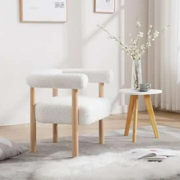 RIVOVA Barrel Accent Chair, Sherpa Upholstered Modern Armchair Accent Chair Comfy White Accent Chair with Curved Backrest and Wood Legs for Living Room, Bedroom, Office