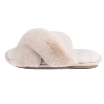 Zizor Women's Open Toe Fluffy Slippers with Memory Foam, Ladies' Cross Band House Shoes, Faux Fur Slip on Home Slippers for Indoor Outdoor