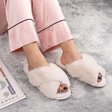 Zizor Women's Open Toe Fluffy Slippers with Memory Foam, Ladies' Cross Band House Shoes, Faux Fur Slip on Home Slippers for Indoor Outdoor