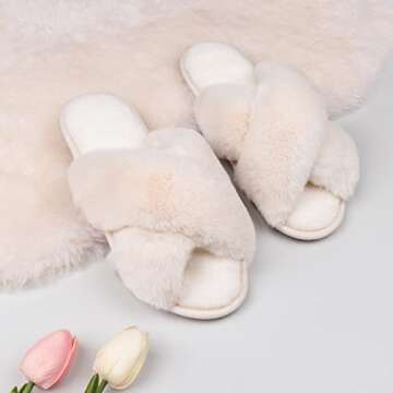 Zizor Women's Open Toe Fluffy Slippers with Memory Foam, Ladies' Cross Band House Shoes, Faux Fur Slip on Home Slippers for Indoor Outdoor