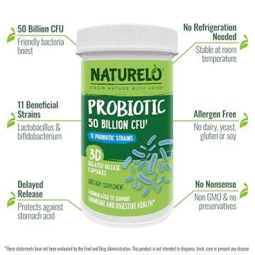 NATURELO Probiotics for Digestive Health - 50 Billion CFU, 11 Strains Daily Supplement - Boosts Immune System, Delayed Release, 30 Vegetarian Capsules