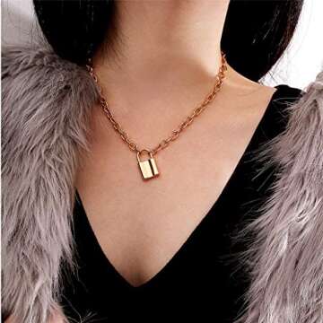 FILOL Women Gold/Silver Color Lock Pendant Necklace Brand Stainless Steel Cable Chain Necklace Jewelry Gift (Gold)