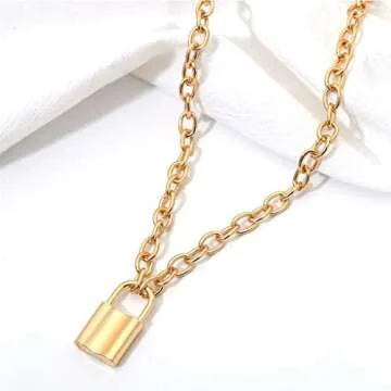FILOL Women Gold/Silver Color Lock Pendant Necklace Brand Stainless Steel Cable Chain Necklace Jewelry Gift (Gold)