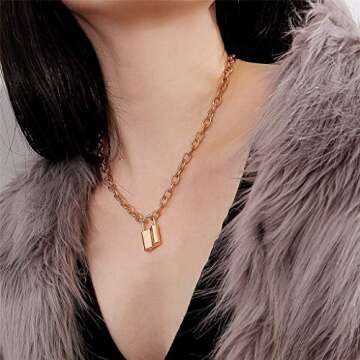 FILOL Women Gold/Silver Color Lock Pendant Necklace Brand Stainless Steel Cable Chain Necklace Jewelry Gift (Gold)