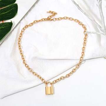 FILOL Women Gold/Silver Color Lock Pendant Necklace Brand Stainless Steel Cable Chain Necklace Jewelry Gift (Gold)