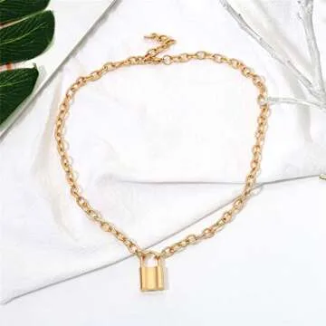 FILOL Women Gold/Silver Color Lock Pendant Necklace Brand Stainless Steel Cable Chain Necklace Jewelry Gift (Gold)