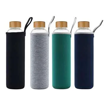 sunkey 32 oz Glass Water Bottle with Time Marker Bamboo Lid Neoprene Sleeve for to Go Travel Gym Home Reusable Eco Friendly Bpa Free (Black)