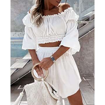 uncinba Womens Summer 2 Piece Outfits Sexy Off The Shoulder Crop Tops Wide Leg Loose Shorts Set Jumpsuits