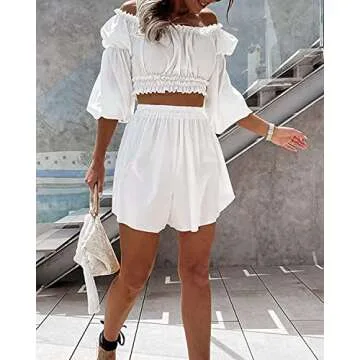 uncinba Womens Summer 2 Piece Outfits Sexy Off The Shoulder Crop Tops Wide Leg Loose Shorts Set Jumpsuits