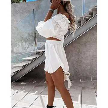uncinba Womens Summer 2 Piece Outfits Sexy Off The Shoulder Crop Tops Wide Leg Loose Shorts Set Jumpsuits