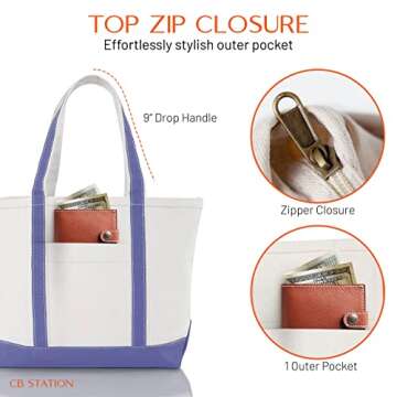 CB STATION Medium Classic Canvas Tote Bag for Women, Top Zipper Closure, Outer Pocket, Daily Essentials, Groceries, Traveling