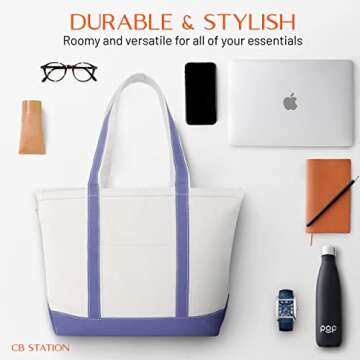 CB STATION Medium Classic Canvas Tote Bag for Women, Top Zipper Closure, Outer Pocket, Daily Essentials, Groceries, Traveling