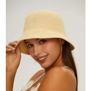 MEINICIY Womens Bucket Hat, Beach Sun Hat for Women, Sun Protection Bamboo Mesh Woven Foldable Packable, Beige