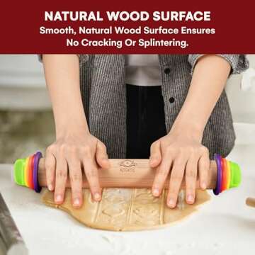 Kitchtic Rolling Pin with Thickness Rings - Adjustable Wooden Rolling Pin - Baking Essential and Rol...