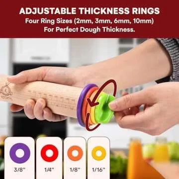 Kitchtic Rolling Pin with Thickness Rings - Adjustable Wooden Rolling Pin - Baking Essential and Roller Tool - Consistent Thickness - Easy to Clean - Beechwood Material - 13.7 x 2.75 x 2.75 inches