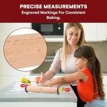 Kitchtic Rolling Pin with Thickness Rings - Adjustable Wooden Rolling Pin - Baking Essential and Roller Tool - Consistent Thickness - Easy to Clean - Beechwood Material - 13.7 x 2.75 x 2.75 inches