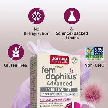 Jarrow Formulas Fem-Dophilus Advanced Probiotics 10 Billion CFU With 6 Science-Backed Strains, Dietary Supplement for Vaginal, Urinary Tract and Digestive Support, 30 Veggie Capsules, 30 Day Supply