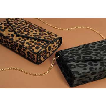 HOXIS Leopard Print Envelope Evening Clutch Women Chain Shoulder Bag (Grey Leopard Print)