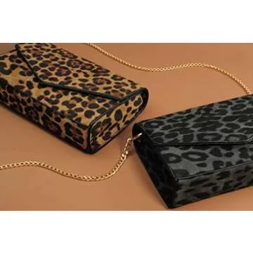 HOXIS Leopard Print Envelope Evening Clutch Women Chain Shoulder Bag (Grey Leopard Print)