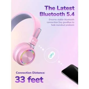 iClever BTH03 Kids Bluetooth Headphones, Colorful LED Lights, 35H Playtime, Bluetooth 5.4, Type C Fast Charging, Safe Volume, Stereo Sound Mic, On Ear Kids Wireless Headphones for iPad Airplane, Pink
