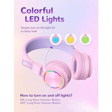 iClever BTH03 Kids Bluetooth Headphones, Colorful LED Lights, 35H Playtime, Bluetooth 5.4, Type C Fast Charging, Safe Volume, Stereo Sound Mic, On Ear Kids Wireless Headphones for iPad Airplane, Pink