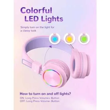 iClever BTH03 Kids Bluetooth Headphones, Colorful LED Lights, 35H Playtime, Bluetooth 5.4, Type C Fast Charging, Safe Volume, Stereo Sound Mic, On Ear Kids Wireless Headphones for iPad Airplane, Pink