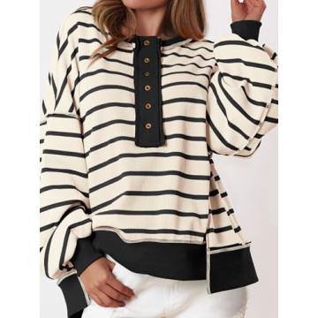 PRETTYGARDEN Womens Fall 2024 Striped Oversized Sweatshirt Long Sleeve Button Up Henley Neck Waffle Knit Pullover Tunic Tops(Striped Beige Black,X-Small)