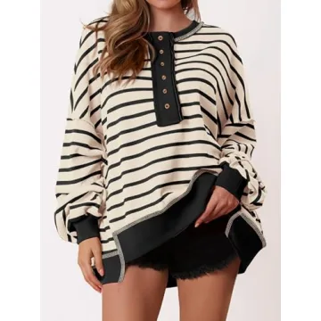 PRETTYGARDEN Womens Fall 2024 Striped Oversized Sweatshirt Long Sleeve Button Up Henley Neck Waffle Knit Pullover Tunic Tops(Striped Beige Black,X-Small)