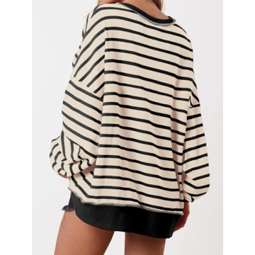 PRETTYGARDEN Womens Fall 2024 Striped Oversized Sweatshirt Long Sleeve Button Up Henley Neck Waffle Knit Pullover Tunic Tops(Striped Beige Black,X-Small)