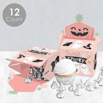 Big Dot of Happiness Pastel Halloween - Treat Box Party Favors - Pink Pumpkin Party Goodie Gable Boxes - Set of 12