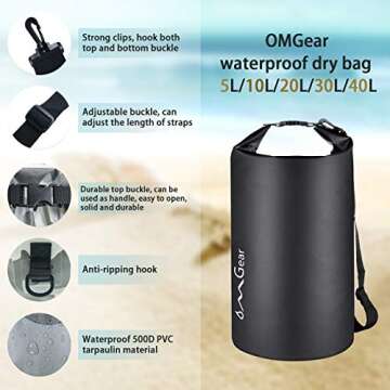 OMGear Waterproof Dry Bag Backpack Waterproof Phone Pouch 40L/30L/20L/10L/5L Floating Dry Sack for Kayaking Boating Sailing Canoeing Rafting Hiking Camping Outdoors Activities (Black, 10L)