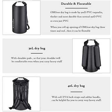 OMGear Waterproof Dry Bag Backpack Waterproof Phone Pouch 40L/30L/20L/10L/5L Floating Dry Sack for Kayaking Boating Sailing Canoeing Rafting Hiking Camping Outdoors Activities (Black, 10L)