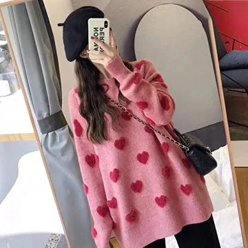 CORIRESHA Women's Comfy Fuzzy Heart Knit Sweater