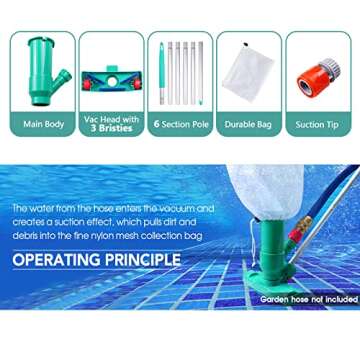POOLWHALE Portable Pool Vacuum Jet Underwater Cleaner W/Brush,Bag,6 Section Pole of 56.5"(No Garden Hose Included),for Above Ground Pool,Spas,Ponds & Fountains
