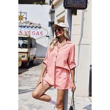 HOTOUCH Women 2 Piece Outfits Cotton Linen Set for Summer Two Piece Shirt& Shorts Tracksuit Lounge Set