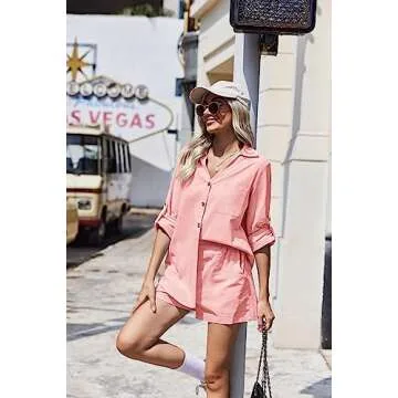 HOTOUCH Women 2 Piece Outfits Cotton Linen Set for Summer Two Piece Shirt& Shorts Tracksuit Lounge Set