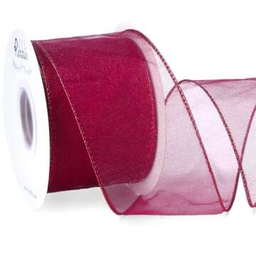 Ribbli Burgundy Organza Wired Ribbon, Burgundy Sheer Ribbon with Metallic Edge,2-1/2 Inch x 20 Yards...