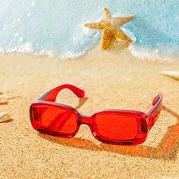 NULOOQ Y2K Trendy Aesthetic Rectangle Sunglasses for Women Men 90's Retro Thick Frames Cool Funky Sun Glasses (Red Frame/Red Lens)