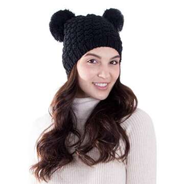 Women's Winter Chunky Knit Black Beanie Hat with Double Pom Pom Ears